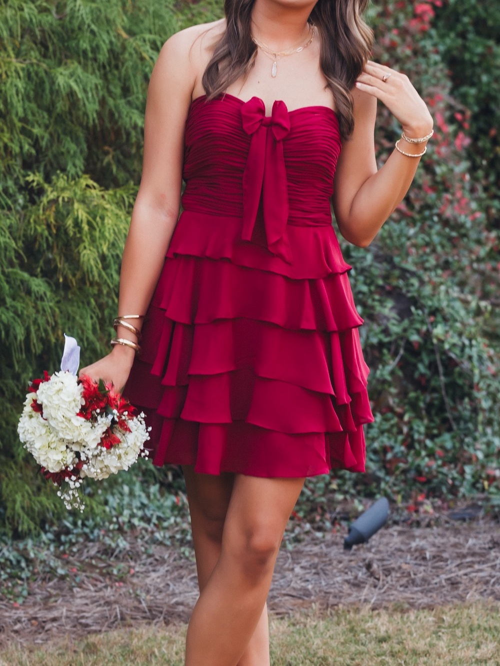 Strapless Bow-Tiered Mini Dress in Wine